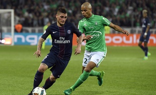 Marco Verratti suivi par Kevin Monnet-Paquet lors du carton (5-0) du PSG à Geoffroy-Guichar, le 14 mai 2017.