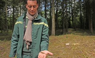 Guillaume Rouard, technicien forestier, montre le couvercle d'une boîte de sardines datant de la Première guerre mondiale, retrouvée en forêt de Verdun le 17 mai 2016.