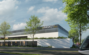 Le « Basket Center » vu depuis l'avenur de Colmar, où passe les lignes A et E du tram.