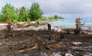 (FILES) This picture taken 06 June 2000 shows a beach at former French nuclear camp in Mururoa, French Polynesia. Researchers have established a link between France's nuclear tests over the Pacific ocean in the late 1960s and the high incidence of thyroid cancer in Polynesia. France carried out some 40 atmospheric atomic tests in Polynesia from 1966 to 1974. AFP PHOTO ERIC FEFERBERG
