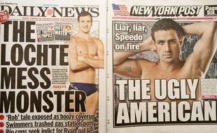 Des Unes de journaux après l'affaire de la vraie-fausse agression de Ryan Lochte lors des JO 2016.