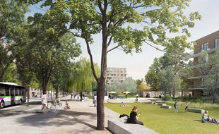 Image de synthèse du futur parc de la Prairie au Duc, le long du boulevard de l'Estuaire.