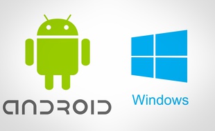 Les logos d'Android, de Google, et Windows, de Microsoft.