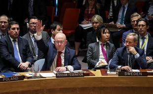 Vasily Nebenzya, l'ambassadeur russe lors d'une réunion du Conseil de sécurité de l'ONU, le 14 avril 2018.