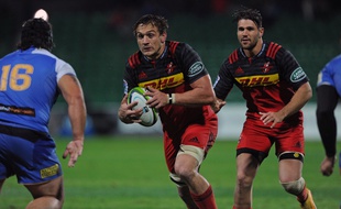 Le deuxième ligne Rynhardt Elstadt lors d'un match de Super Rugby de sa province sud-africaine des Stormers chez les Australiens de la Western Force, le 9 juillet 2016 à Perth.