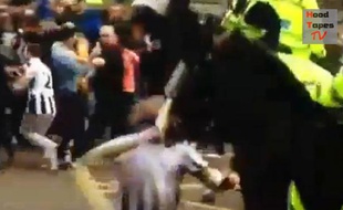 Un supporter de Newcastle frappe un cheval, le 14 avril 2013.