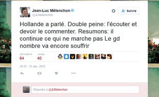 Capture d'écran du tweet de Jean-Luc Mélenchon après les voeux de François Hollande le 31 décembre.