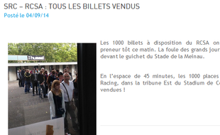Capture d'écran du site Internet du Racing club de Strasbourg, le 4 septembre 2014.