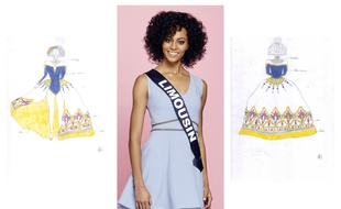 Aude Destour, alias miss Limousin, entourée de ses croquis pour sa robe régionale.