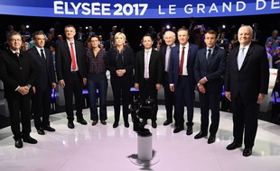 Les onze candidats à l'élection présidentielle dans «Le Grand Débat» sur BFM TV et CNEWS, le 4 avril 2017.