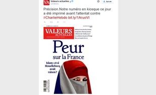La Une de l'hebdomadaire «Valeurs actuelles» en kiosques le 8 janvier 2015. Le numéro avait été bouclé avant l'attentat meurtrier à «Charlie Hebdo».