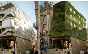 Un échafaudage avant et après végétalisation, un des 25 projets sélectionnés par l'accélérateur FAIRE PARIS.