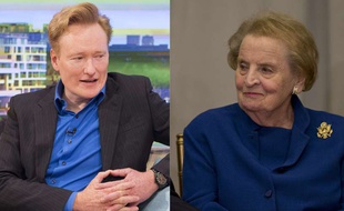 Montage montrant l'humoriste américain Conan O'Brien (G) et l'ancienne secrétaire d'Etat américaine Madeleine Albright (D).