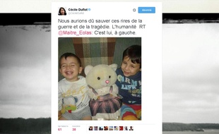 Capture d'écran du compte Twitter de Cécile Duflot réagissant après la mort d'un enfant syrien.