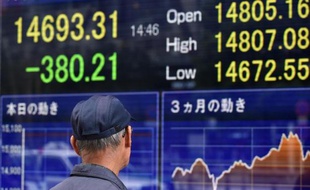 Un passant devant un tableau affichant les cours à la Bourse de Tokyo, le 16 octobre 2014