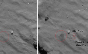 Détail du noyau de la comète Tchourioumov-Guérassimenko, avant et après l'atterrissage de Philae. Le grand cercle rouge indique le nuage de poussière soulevé par le robot, les deux petits Philae et son ombre.