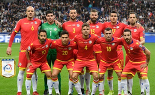 La sélection andorranne, avant le match contre la France à Saint-Denis, le 10 septembre 2019. Marc Vales (numéro 3) est le buteur de la victoire sur la Moldavie