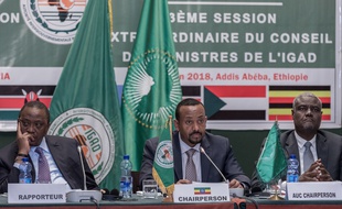 Le Premier ministre éthiopien Abiy Ahmed (au centre) le 21 juin 2018 à Addis Abeba.