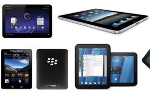 Les cinq tablettes majeures de 2011; de gauche à droite et de haut en bas: le Xoom (Motorola), l'iPad 2 (Apple), le Galaxy Tab 10.1 (Samsung), le PlayBook (RIM) et le TouchPad (HP)