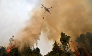 Un hélicoptère verse de l'eau sur un incendie de forêt le 5 août 2021, près du village de Kechries dans le nord d'Eubée, en Grèce.