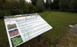 Un panneau d'information présente un programme de recherche mené l'Institut national de l'environnement industriel et des risques (Inéris) sur la dépollution des sols par les plantes, le 12 octobre 2015 à Creil, dans la périphérie de Paris