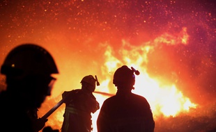 Les pompiers luttent contre un incendie près de Biguglia, en Corse, le 25 juillet 2017.