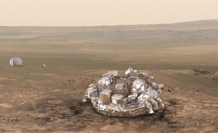 Vue d'artiste de l'atterrisseur Schiaparelli de la mission ExoMars, à la surface de Mars.