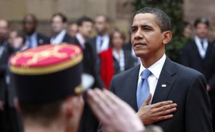 Barack Obama lors de la cérémonie d'accueil à Strasbourg, au palais Rohan.