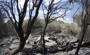 Vue le 10 mars 2015 des débris calcinés d'un des deux hélicoptères impliqués dans le crash de la veille, près de Villa Castelli en Argentine, qui a coûté la vie à dix personnes, dont trois vedettes du sport français