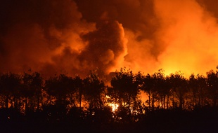 Des flammes et de la fumée s'élèvent du site où a eu lieu une série d'explosions le 12 août 2015 à Tianjin, en Chine.