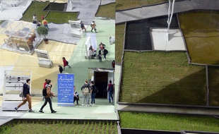 Des visiteurs devant le pavillon dédié au riz basmati, à l'Expo universelle 2015 à Milan (Italie). Illustration environnement, écologie.