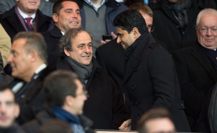 UEFA President Michel Platini and Paris Saint-Germain's Qatari president Nasser al-Khelaifi attend the UEFA Champions League 1/8 final football match between Paris Saint-Germain and Chelsea at Parc des Princes in Paris, FRANCE-17/02/15./NIVIERE_078NIV/Credit:NIVIERE/SIPA/1502180259