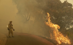 A firefighter monitors flames from a blackburn operation Friday, Oct. 13, 2017, in Glen Ellen, Calif. (AP Photo/Marcio Jose Sanchez)/CAMS111/17286771609054/1710140113