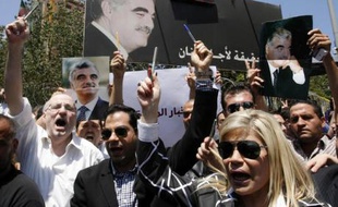 Manifestation des journalistes libanais contre la fermeture des médias instituutionnels par le Hezbollah, le 10 mai 2008, à Beyrouth.