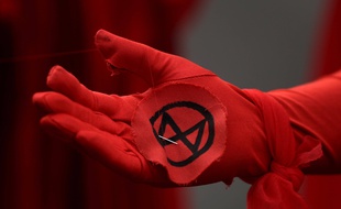 Le logo d'Extinction Rebellion sur le gant d'un membre du mouvement, en octobre 2019
