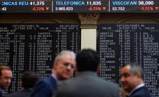 L'indice IBEX-35 à la Bourse de Madrid le 8 avril 2014 lors de la réception d'introduction du groupe eDreams Odigeo