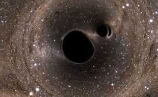Capture d'écran d'une vidéo modélisant la fusion de deux trous noirs.