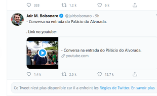 Capture d'écran d'un tweet supprimé sur le compte du président brésilien Jair Bolsonaro.