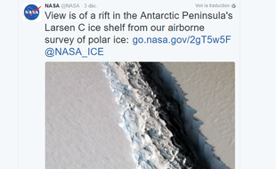 La Nasa a diffusé le 3 décembre 2016 une étonnante photo prise le 10 novembre dernier et montrant une énorme faille sur la plateforme glacière Larsen C, en Antarctique.