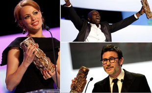 Bérénice Bejo, Omar Sy et Michel Hazanavicius, aux César 2012, le 24 février.