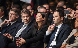 Vincent Peillon, Arnaud Montebourg, Anne Hidalgo et Benoit Hamon , le 05/02/2017. Credit:LEWIS JOLY/SIPA/