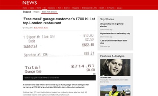 Capture d'écran du site de la BBC montrant la facture de Siobhan Yap dans un restaurant de luxe de Londres.