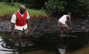 Des hommes marchent dans une nappe de pétrole, dans le delta du Niger, le 20 juin 2010.