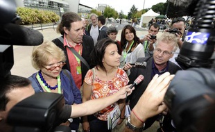 Eva Joly, Cécile Duflot et Daniel Cohn-Bendit le 19 août 2010, à Nantes, pour les Journées d'été du mouvement écologiste.