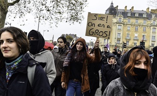 Lors de la mobilisation contre la réforme des retraites, le 10 décembre 2019 à Rennes, cette jeune fille brandit une pancarte qui fait référence à la série Kaamelott.