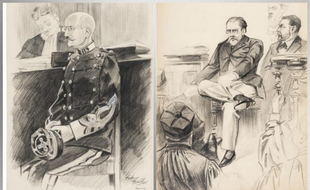Portraits d'Alfred Dreyfus et Emile Zola au tribunal. Par l'illustrateur Maurice Feuillet.