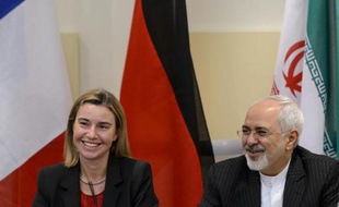 La chef de la diplomatie européenne Federica Mogherini et le ministre des Affaires étrangères iranien Mohammad Javad Zarif à Lausanne, le 31 mars 2015