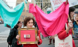 Une femme porte un cadre avec une boite d'allumettes pleine de tampons, lors d'une manifestation contre la "taxe tampon" le 11 novembre 2015 à Paris