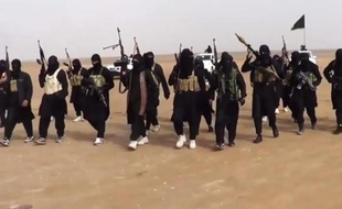 Photo prise à partir d'une vidéo de propagande diffusée par l'Etat islamique en Irak et au Levant (EIIL), le 11 juin 2014, et montrant un groupe de combattants réunis dans la province de Ninive en Irak