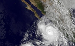 Image de la Nasa prise par le satellite GOES montrant la trajectoire de l'ouragan Odile sur les côtes mexicaines le 14 septembre 2014